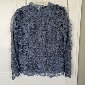 INA Lace Crochet Overlay Ruffle Long Sleeve High Neck Blouse Coquette Size Large